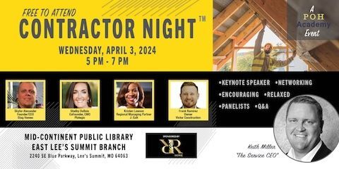Event flyer for Contractor Night: April 3, 2024 at the Mid-Continent Public Library, featuring speakers and networking.