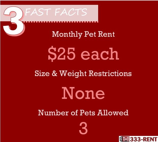 Red graphic with pet rent details: $25 monthly, no size/weight restrictions, and up to 3 pets allowed.