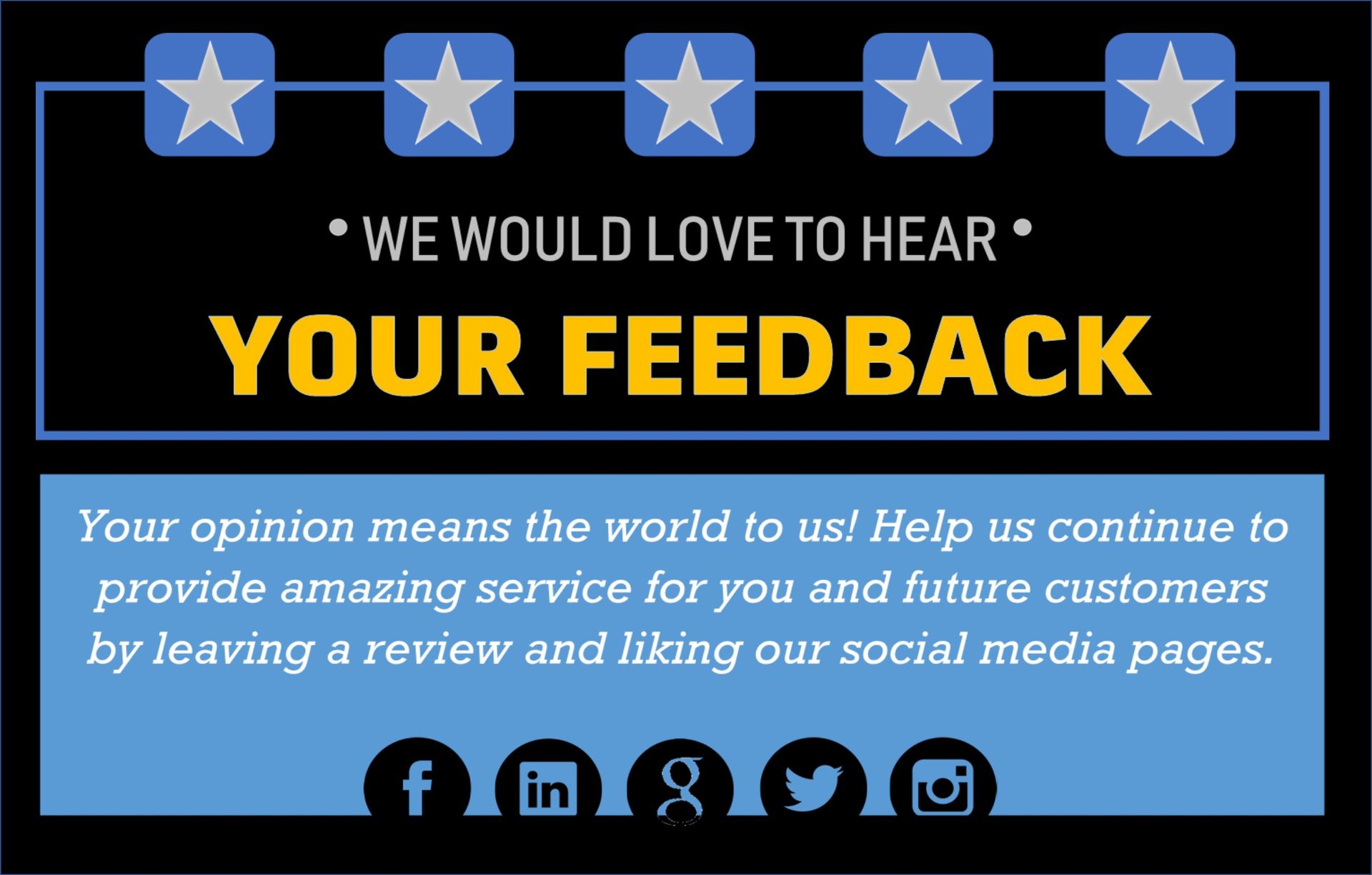 Blue graphic asking for feedback, with stars, text, and social media icons.