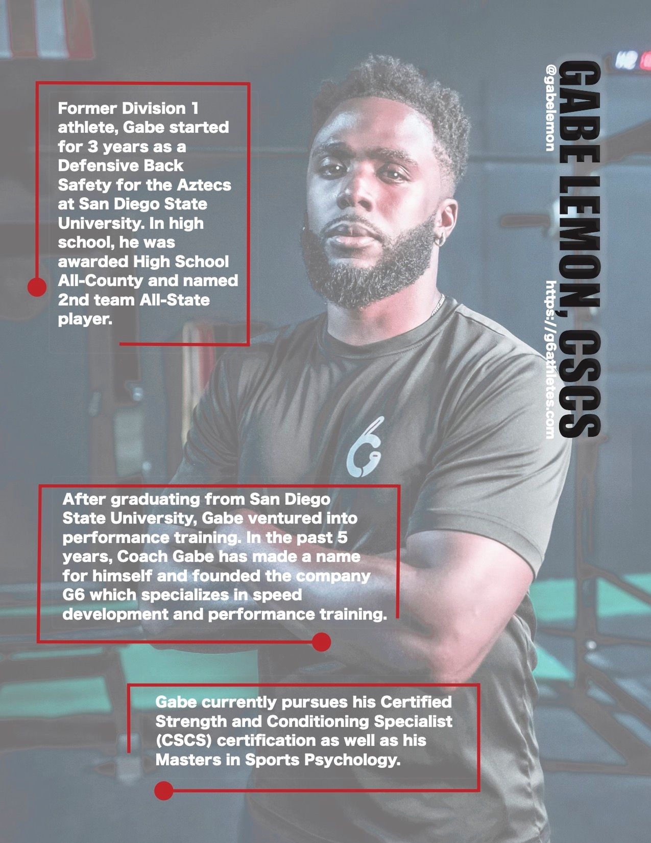 Man in a gym, text boxes describe him. He's a former athlete turned performance trainer, pursuing a certification.