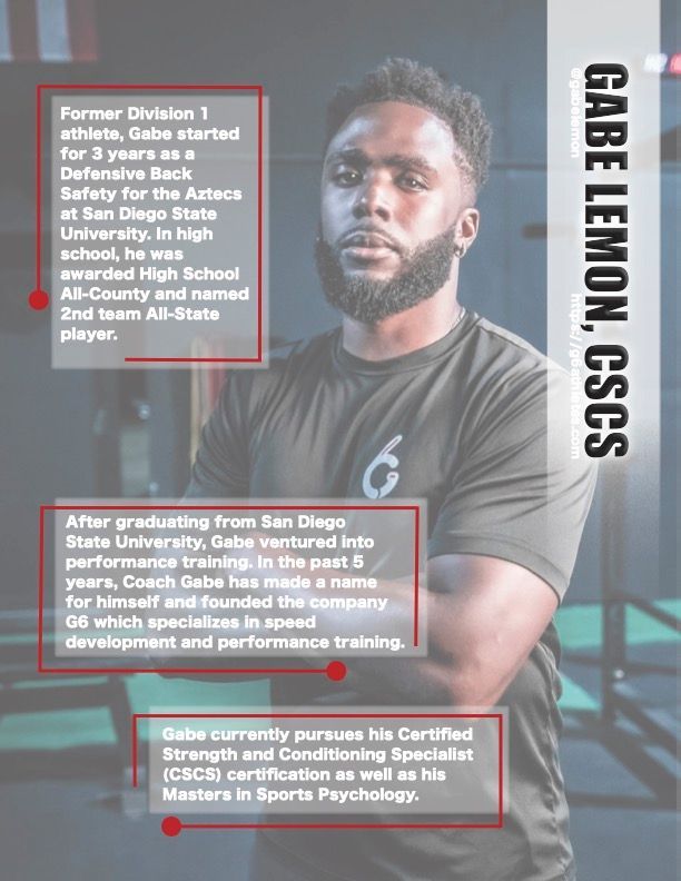 Athlete Gabe Lemon, CSCS.  Text highlights his football career, coaching experience, and pursuit of certifications.
