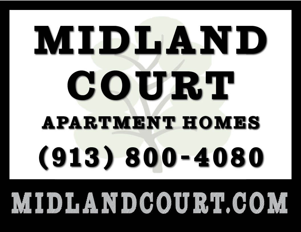 Black and white advertisement for Midland Court Apartment Homes with phone number and website.