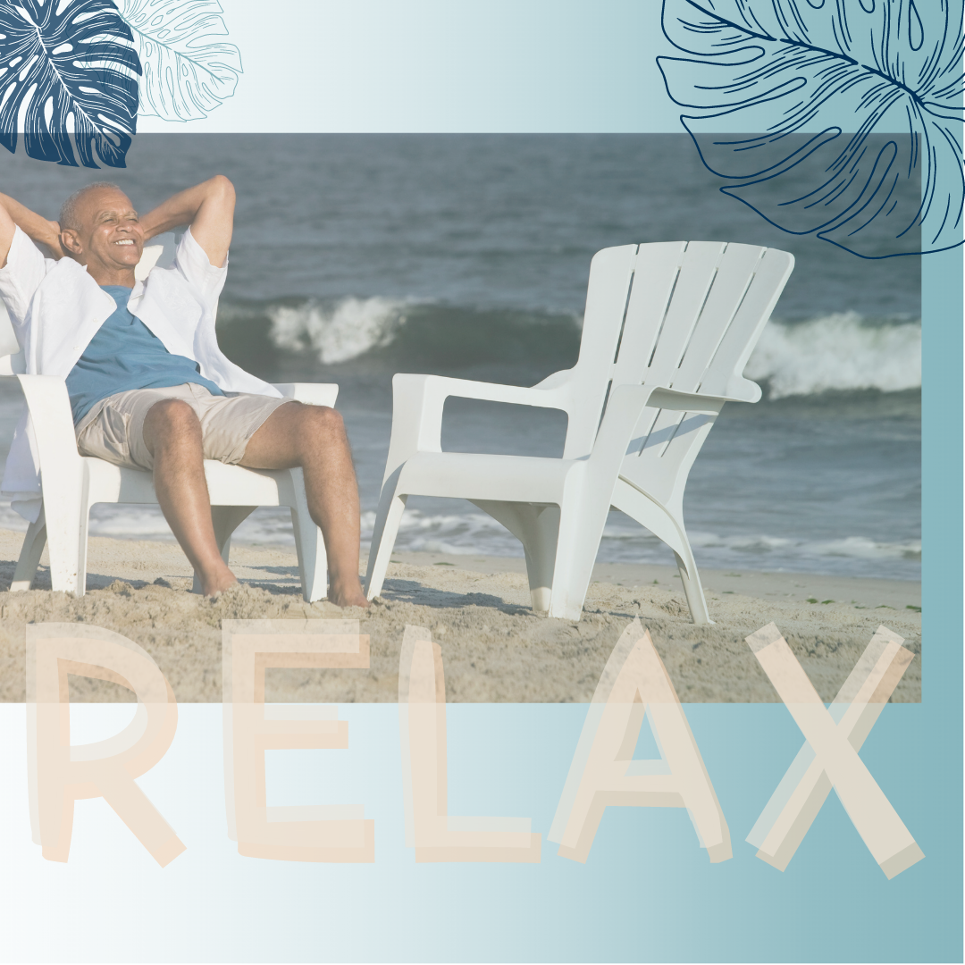 Man relaxing in a chair on a beach;
