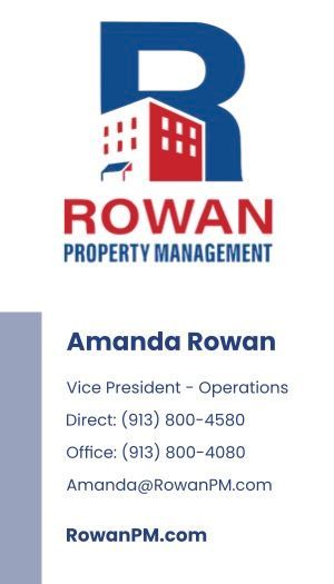 Business card for Rowan Property Management with logo and contact information for Amanda Rowan, Vice President.