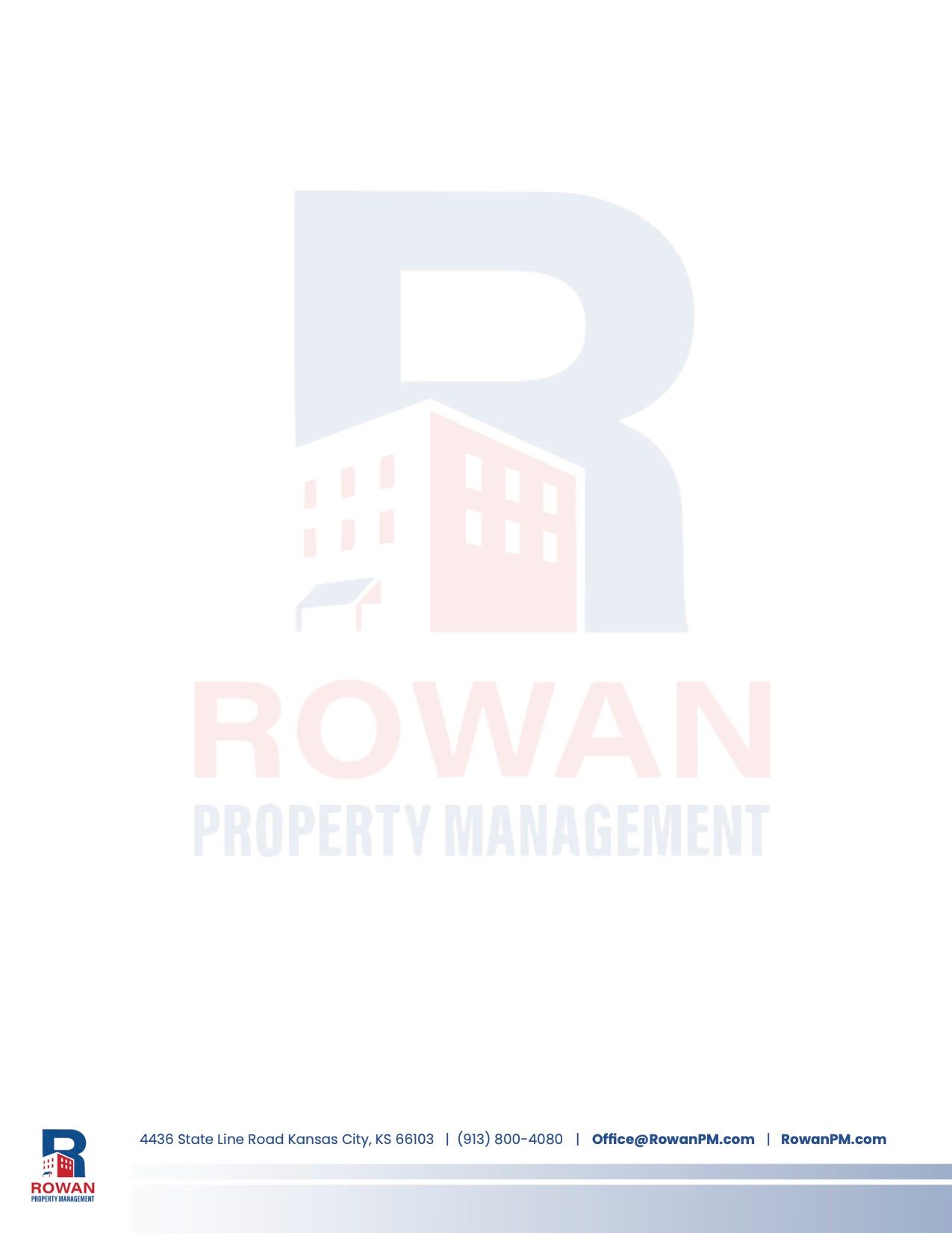 Rowan Property Management logo: Building icon within a large 