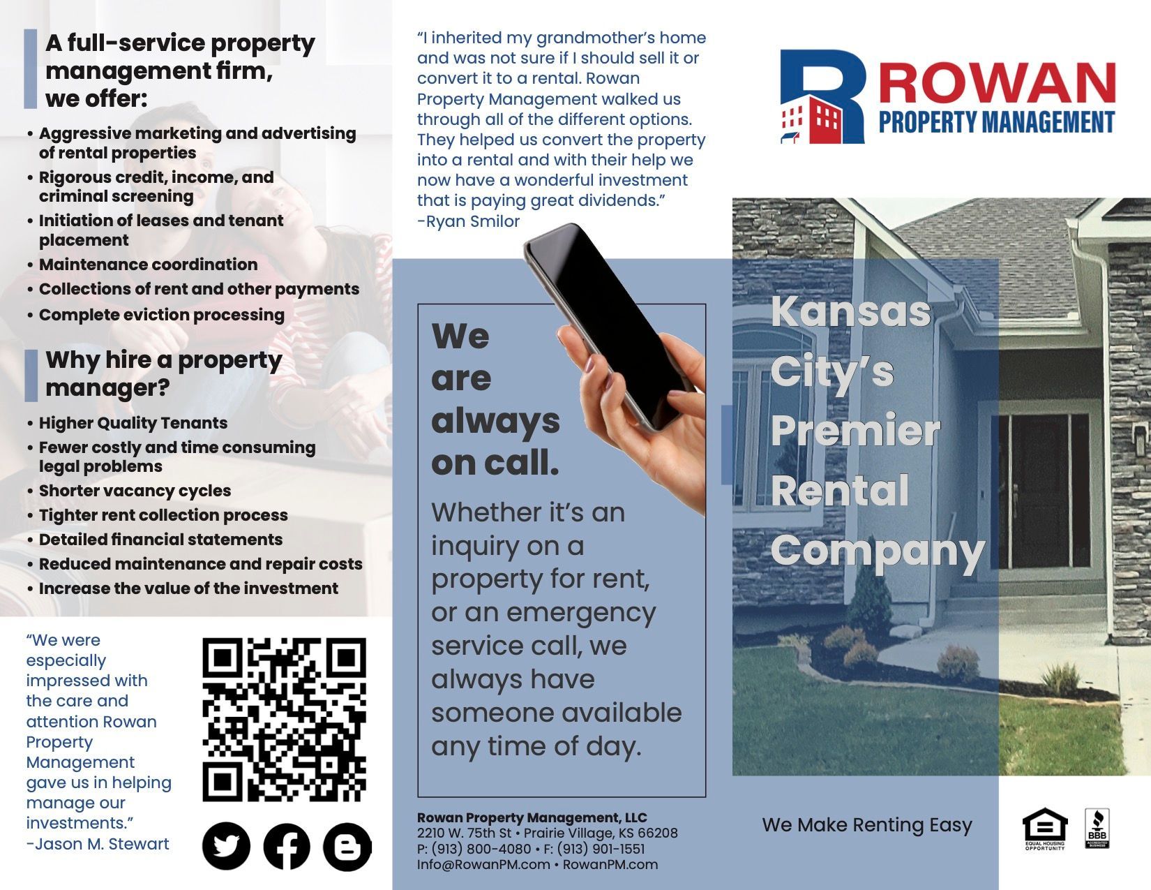 Brochure for Rowan Property Management, Kansas City's premier rental company. Text and QR code.