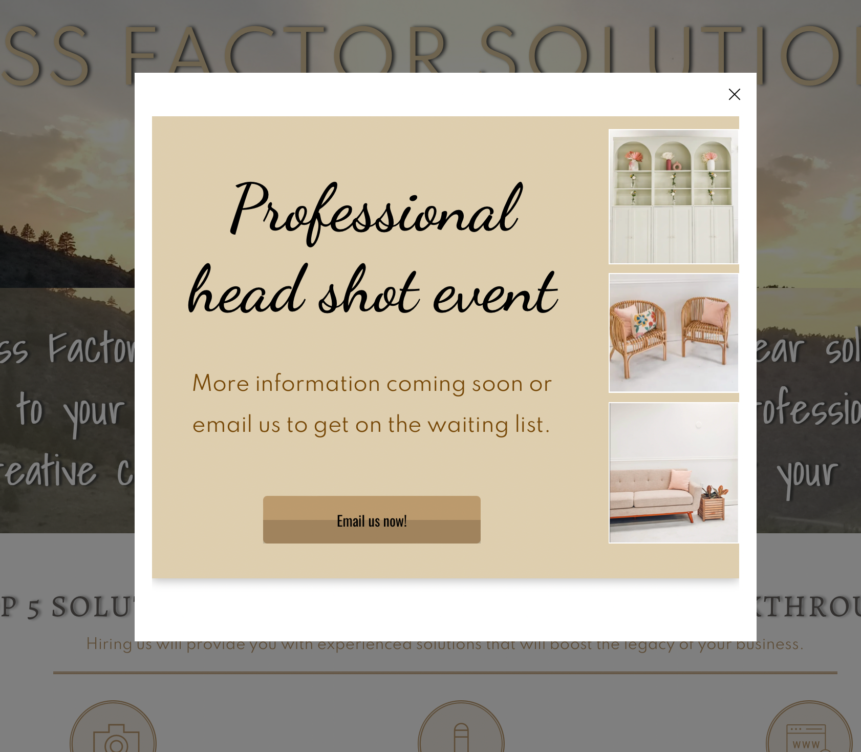 Pop-up ad: Professional headshot event. Beige background with sample photos of furniture.