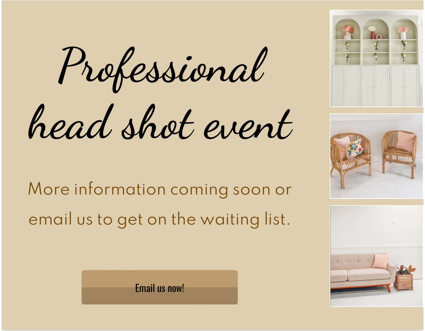 Advertisement for a professional headshot event. Text on a beige background with example images of the setting.