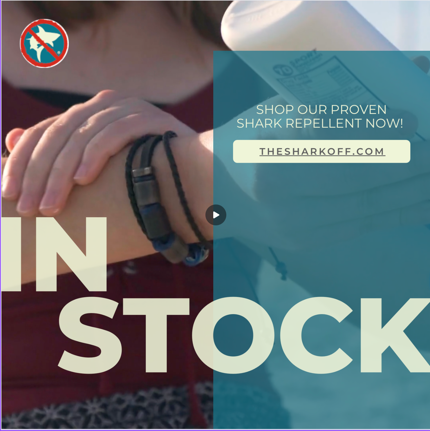 Person wearing a bracelet, holding shark repellent. Text reads 