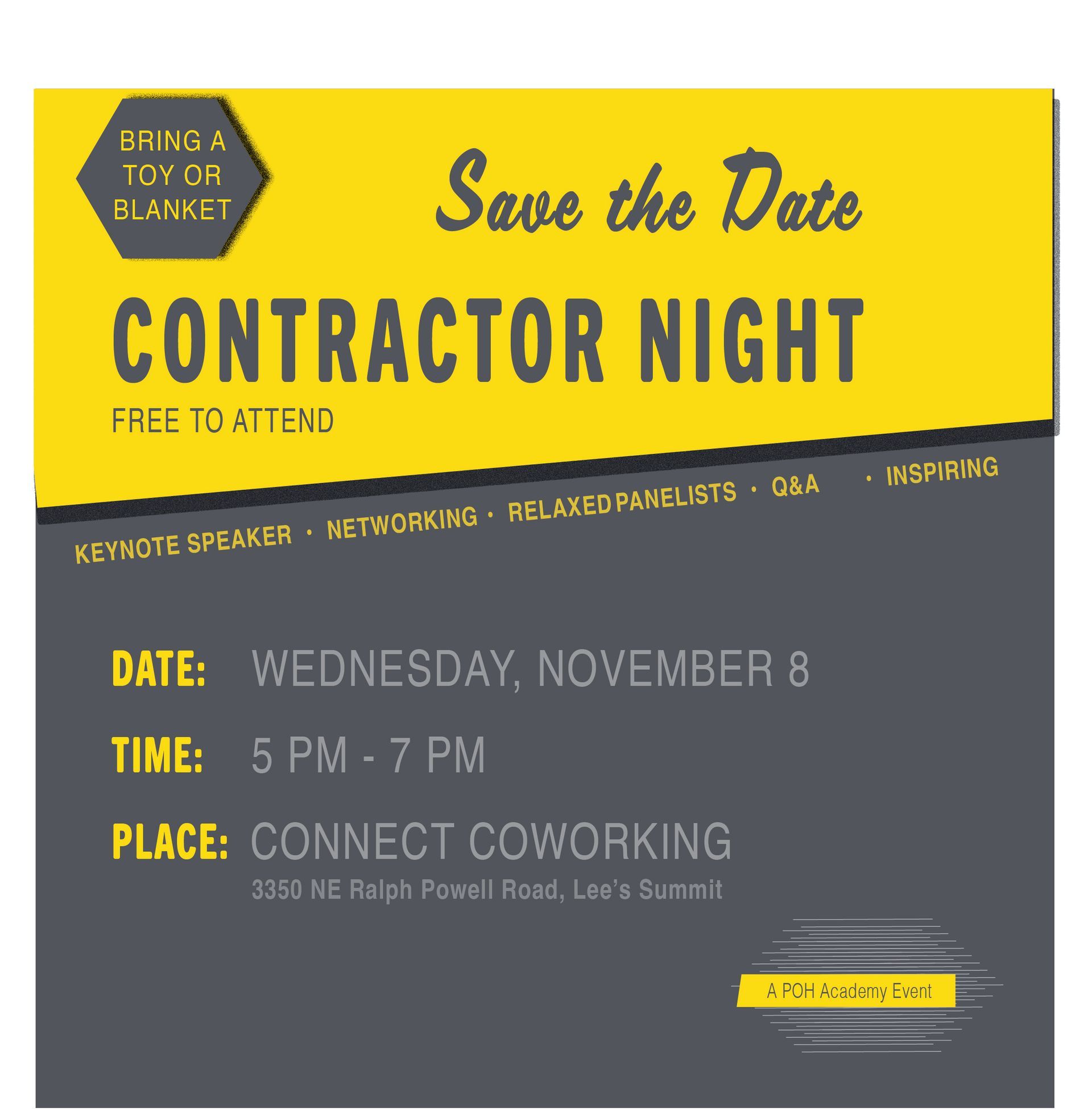 Flyer for Contractor Night at Connect Coworking on November 8, 5-7 PM. Yellow and gray design.