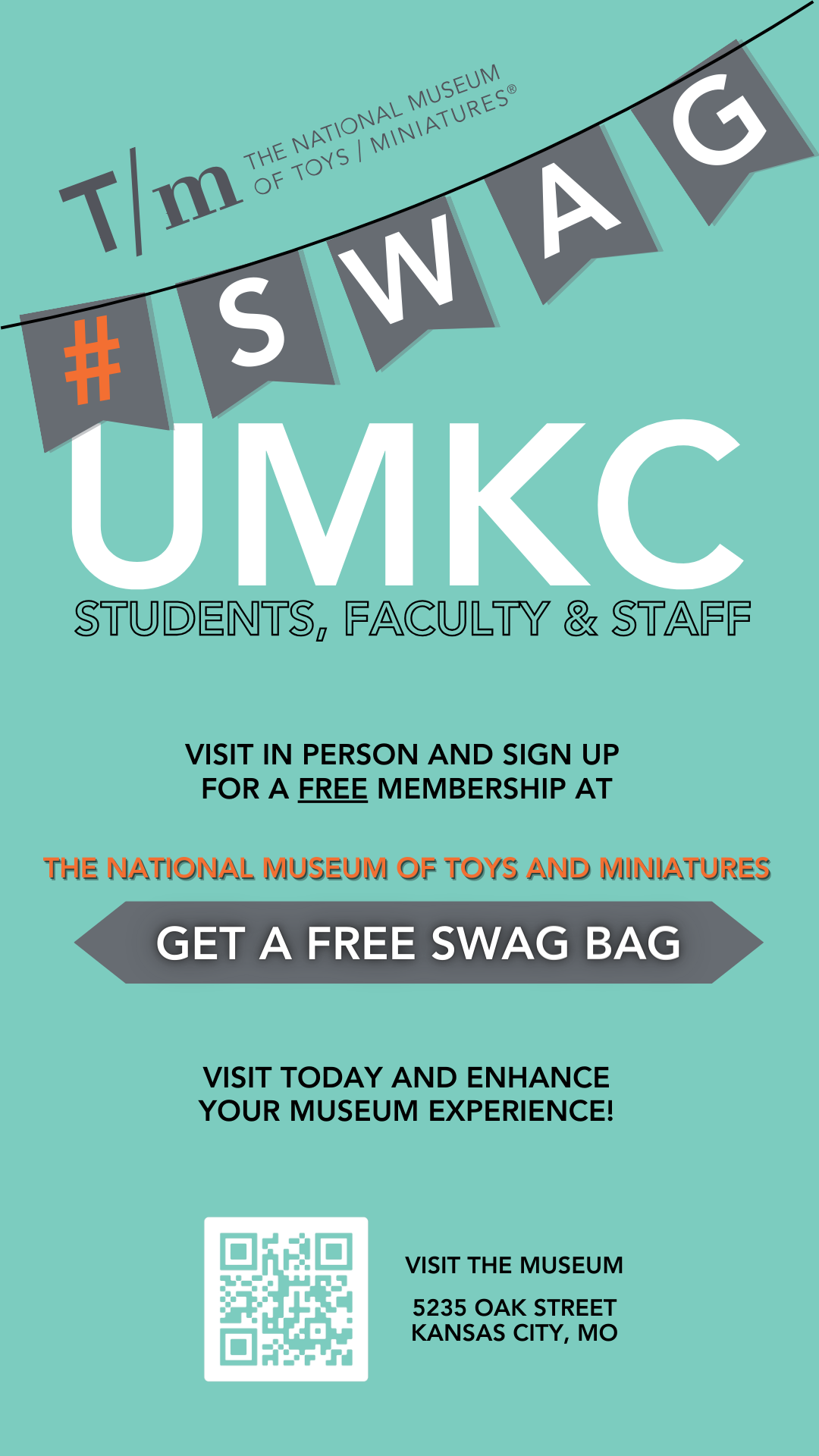 Poster: UMKC event at National Museum of Toys and Miniatures. Teal background, 