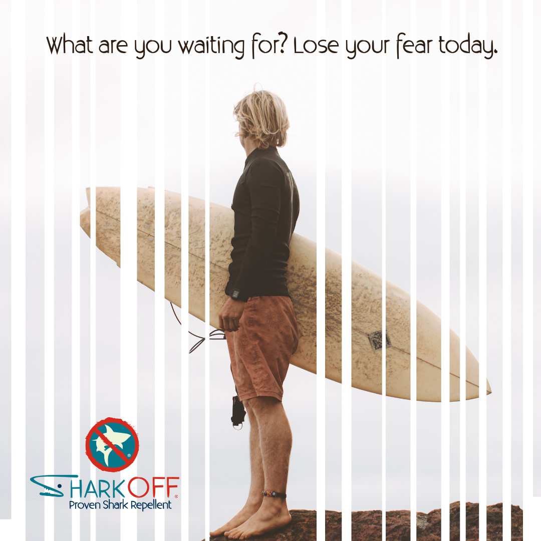 Surfer with surfboard. Text:
