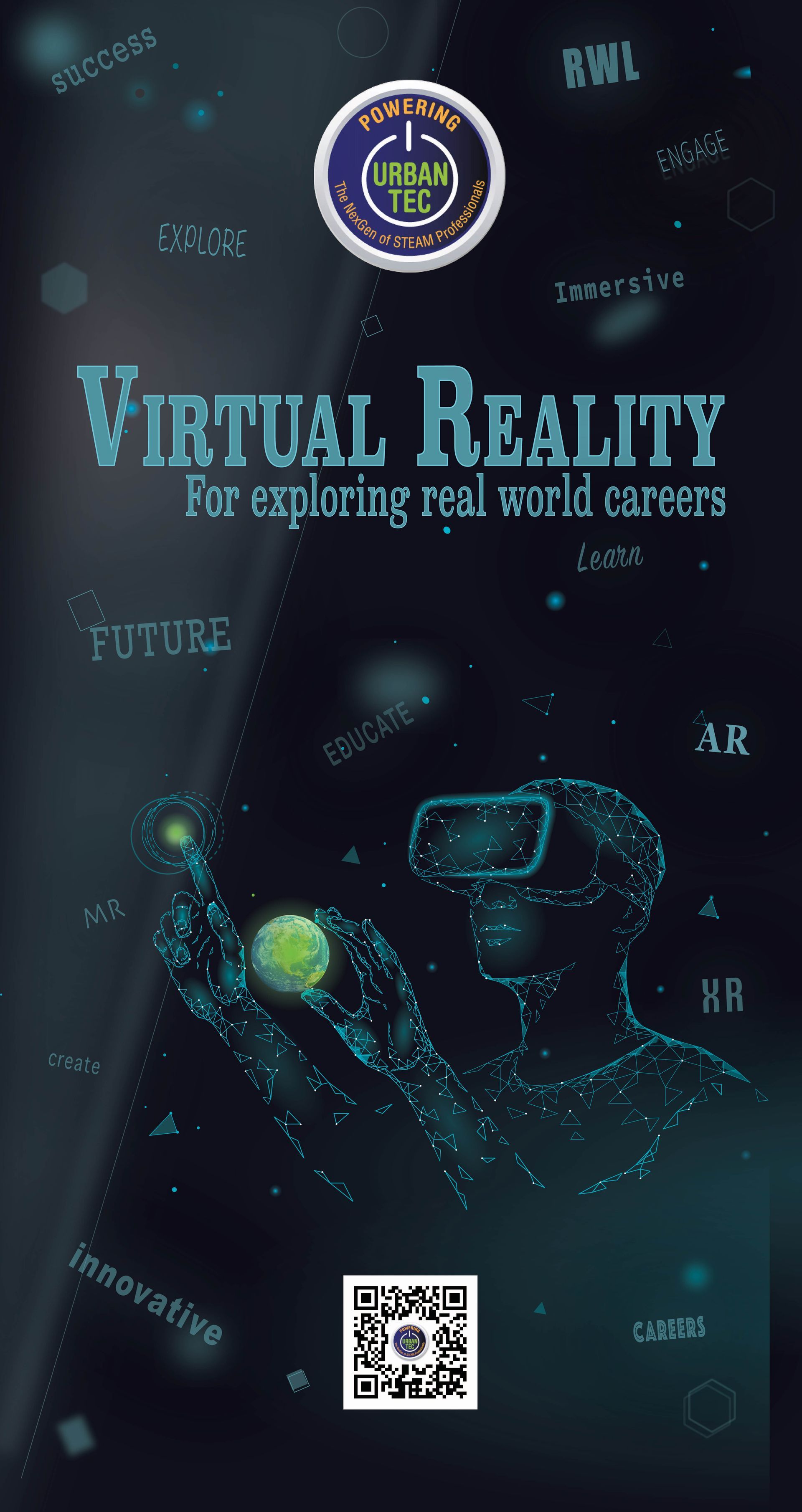 Vertical banner for virtual reality career exploration. Dark blue background, text, person wearing VR headset. Includes QR code.