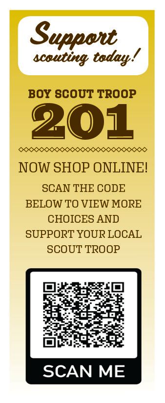 Boy Scout Troop 201 flyer. Encourages support by scanning the QR code to shop online.