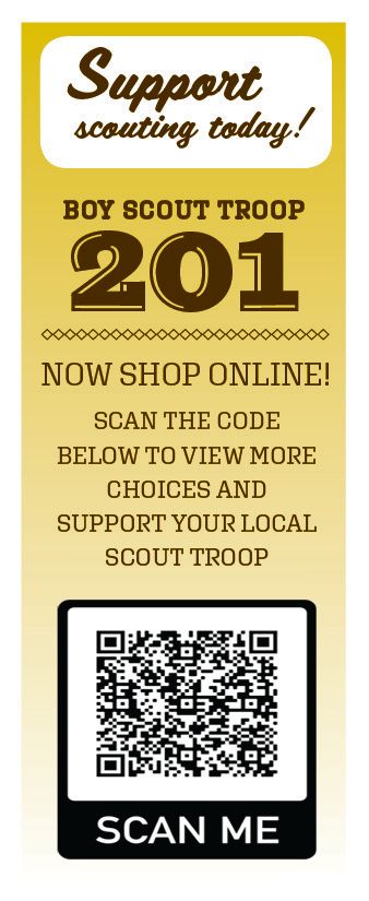 Boy Scout Troop 201 advertisement with QR code to shop online and support local troop.