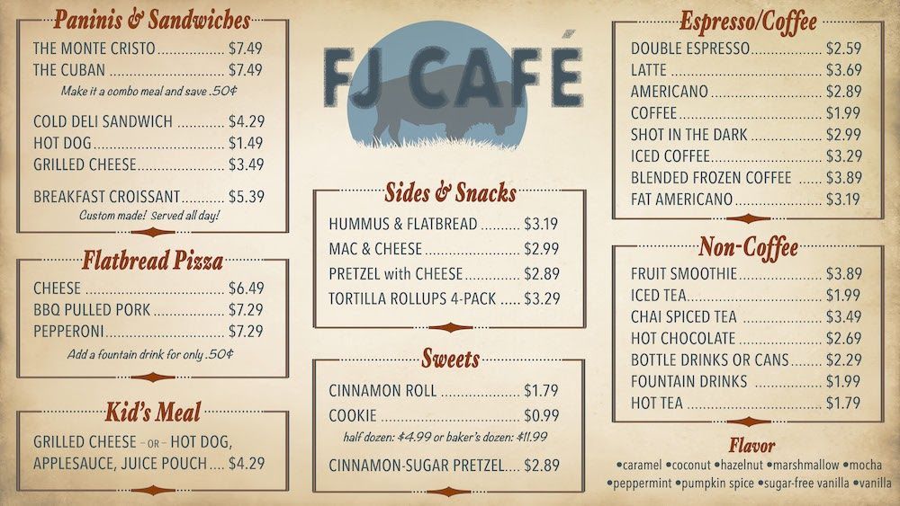 Menu board with FJ Cafe logo; lists panini, flatbreads, snacks, coffee, and kids' meals.