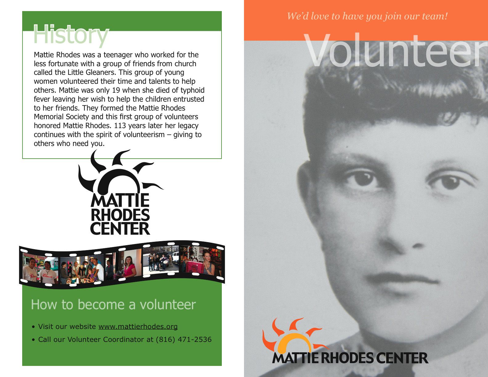 Brochure for the Mattie Rhodes Center: historic photo of a person, plus text about volunteering and history.