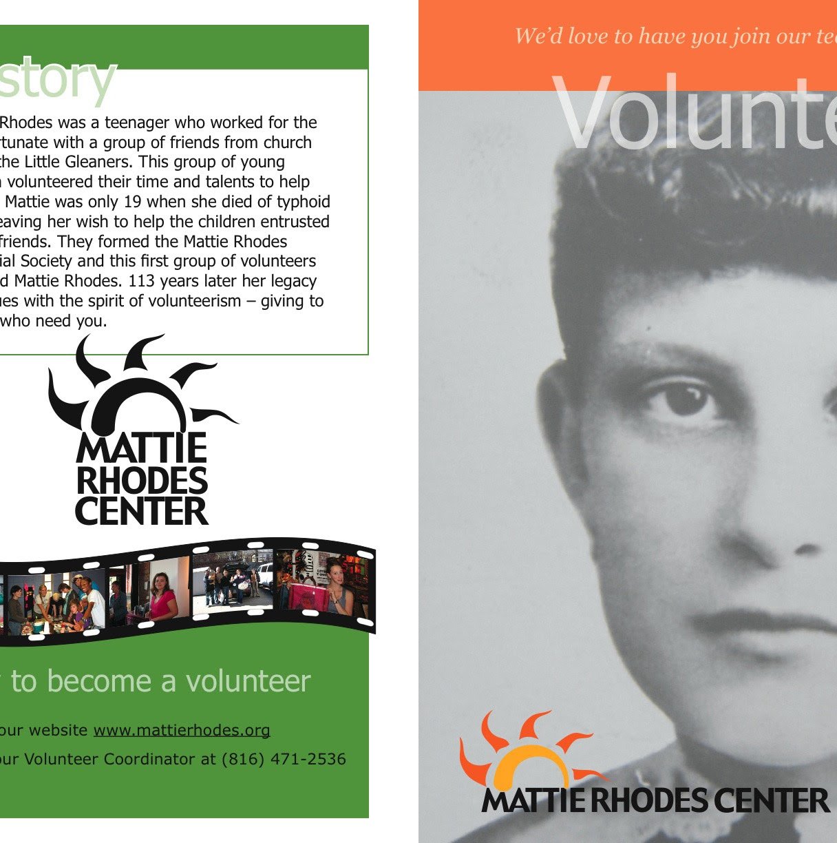 A poster for mattie rhodes center shows a man 's face