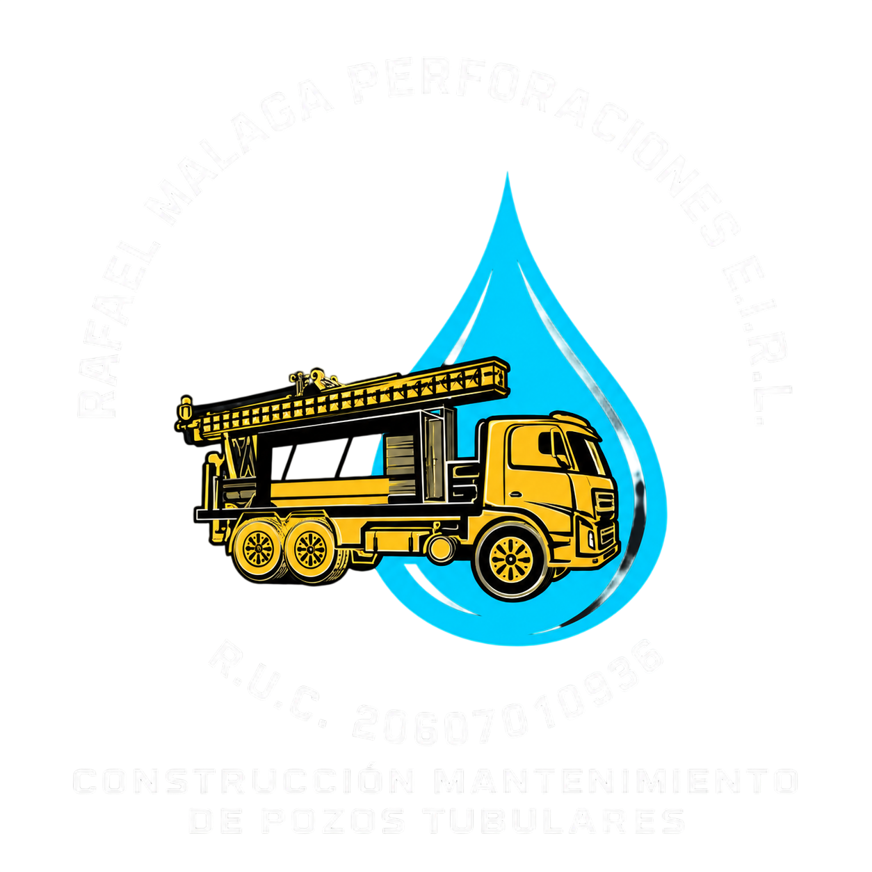 Logotipo circular de Rafael Malagaperforaciones E.I.R.L., con un camión perforador amarillo y una gota azul.