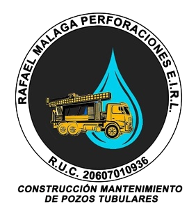 Logotipo circular de Rafael Malaga Perforaciones E.I.R.L., con un camión perforador amarillo y una gota azul, y texto alrededor.