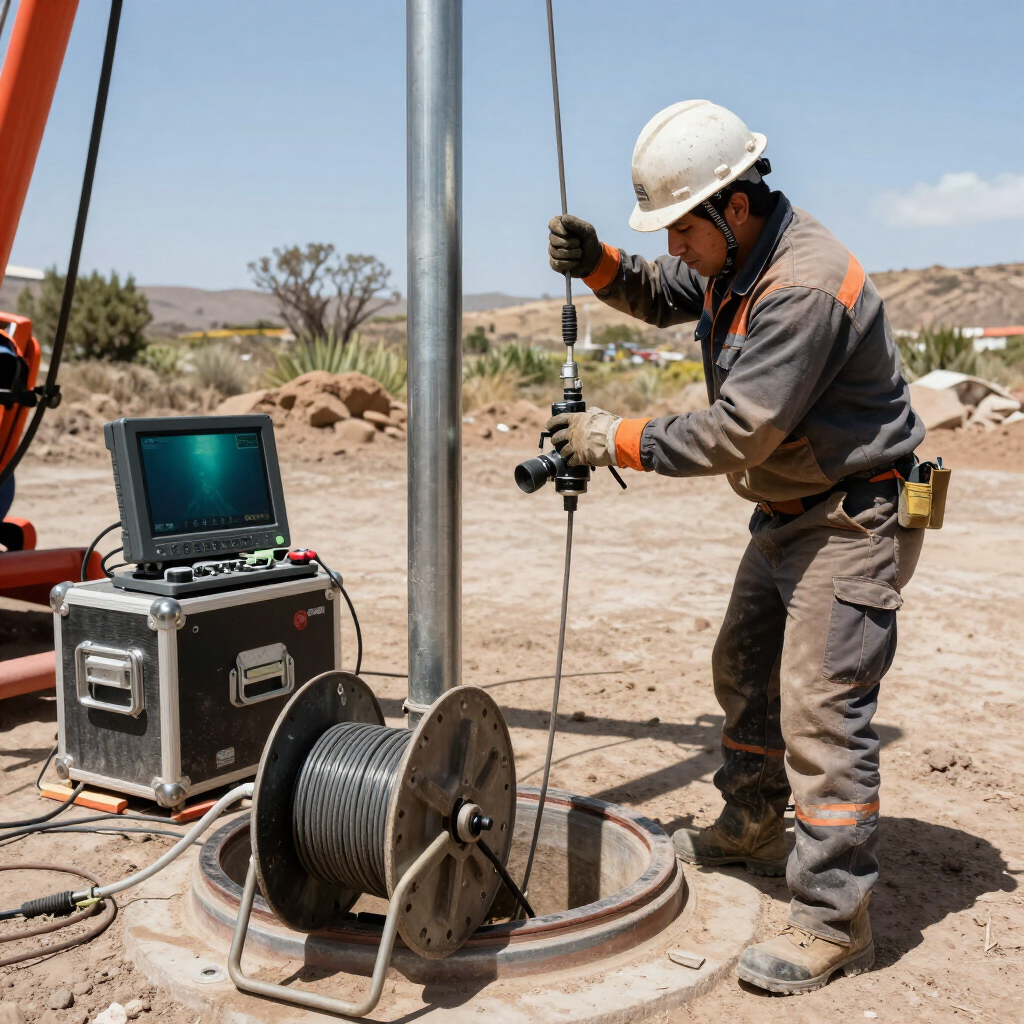 Trabajador con casco de seguridad manejando un carrete de cable junto a un portátil en una obra al aire libre.