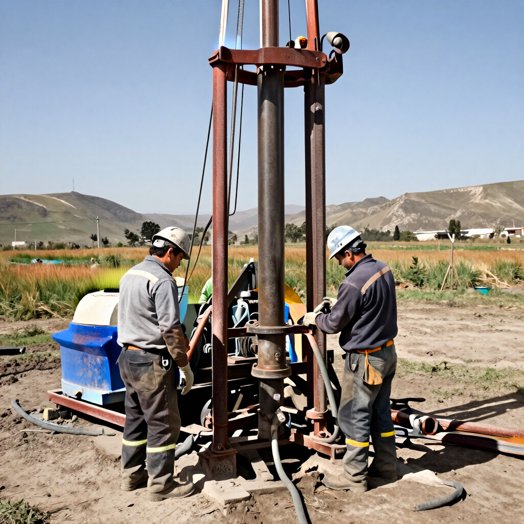 Dos trabajadores manejan una plataforma de perforación en un campo rural bajo un cielo despejado.