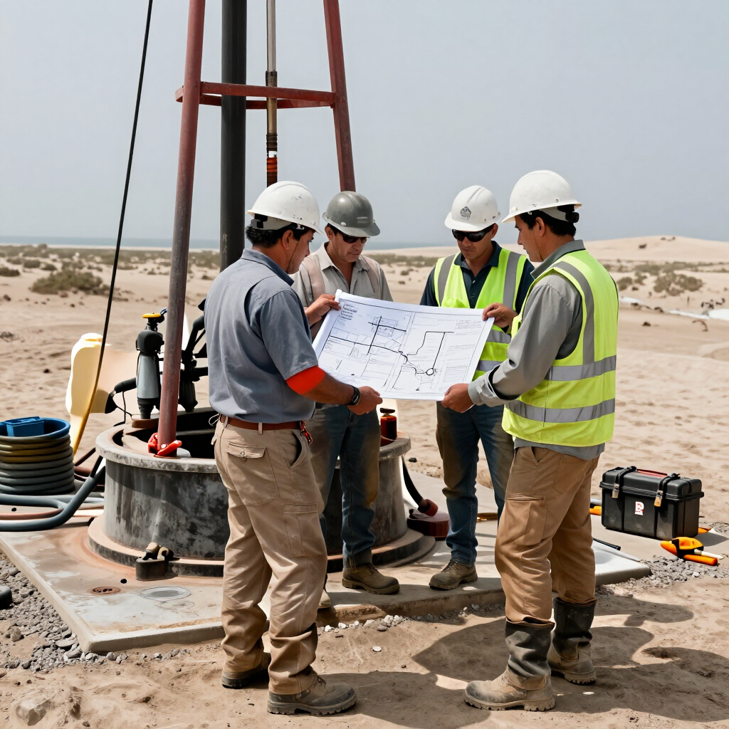 Ingenieros con cascos de seguridad revisan planos en una obra de perforación en el desierto, rodeados de equipos y cables.