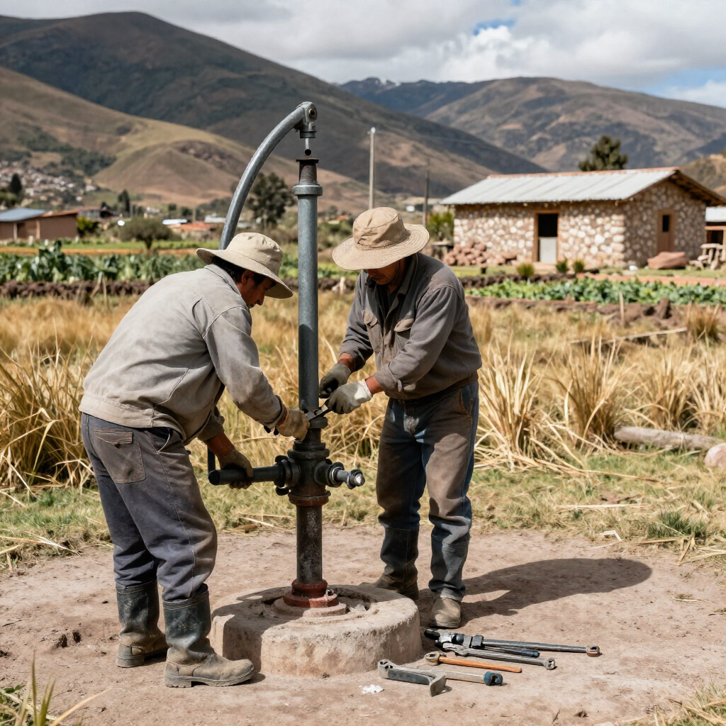 Dos trabajadores manejan una bomba manual en un campo rural, con montañas y casas de piedra al fondo.