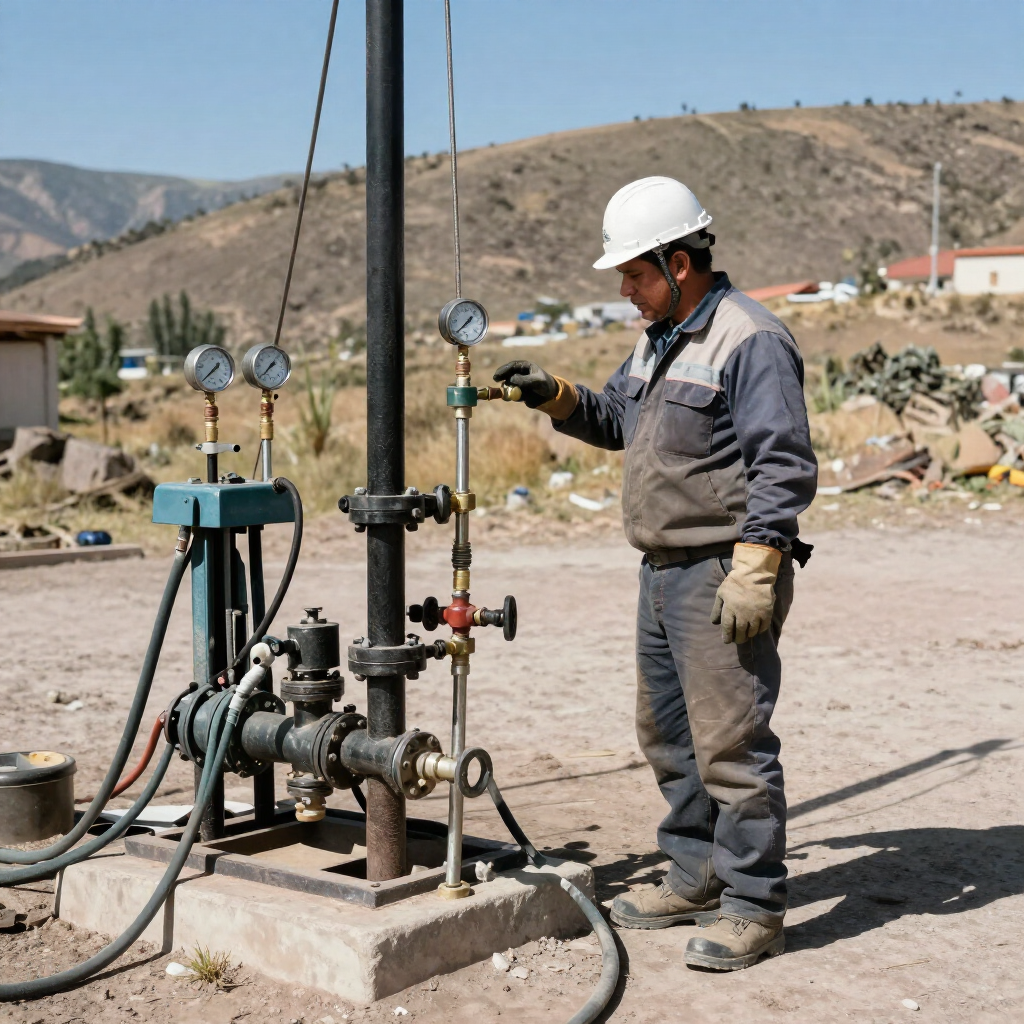 Un trabajador con casco inspecciona equipos de bombeo industrial en una zona exterior polvorienta, con montañas al fondo