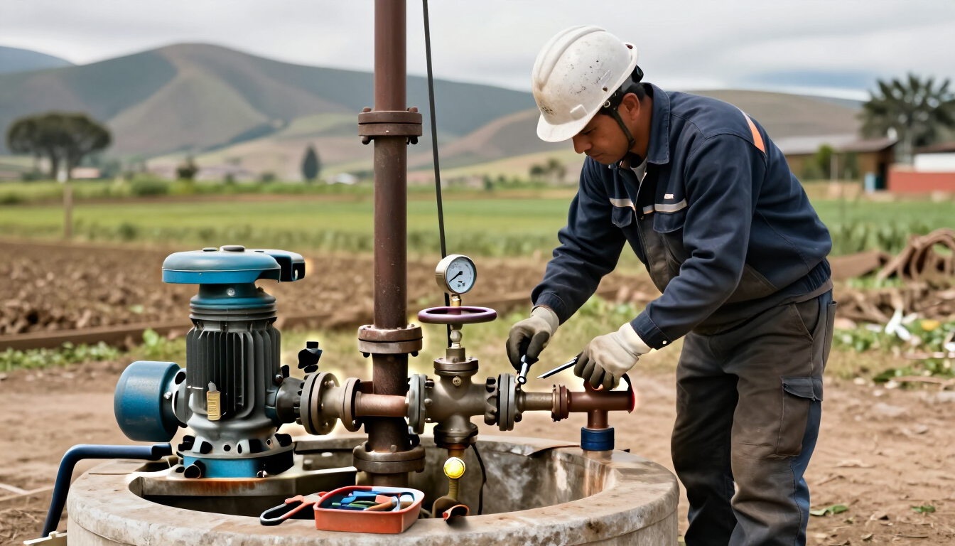 Técnico revisando equipo de bombeo de un pozo tubular