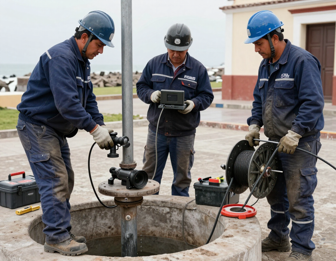 Equipo profesional realizando diagnóstico visual de un pozo tubular