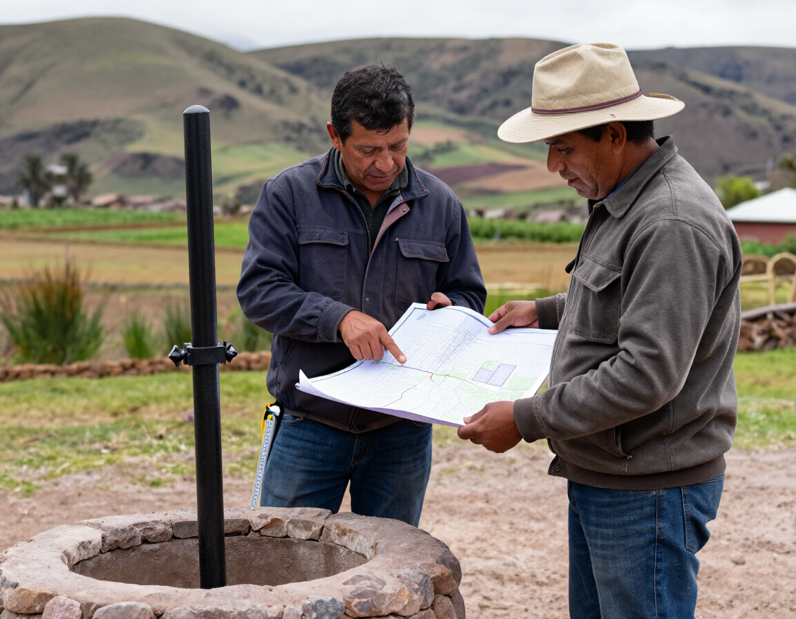 Técnico revisando planos de perforación de pozo