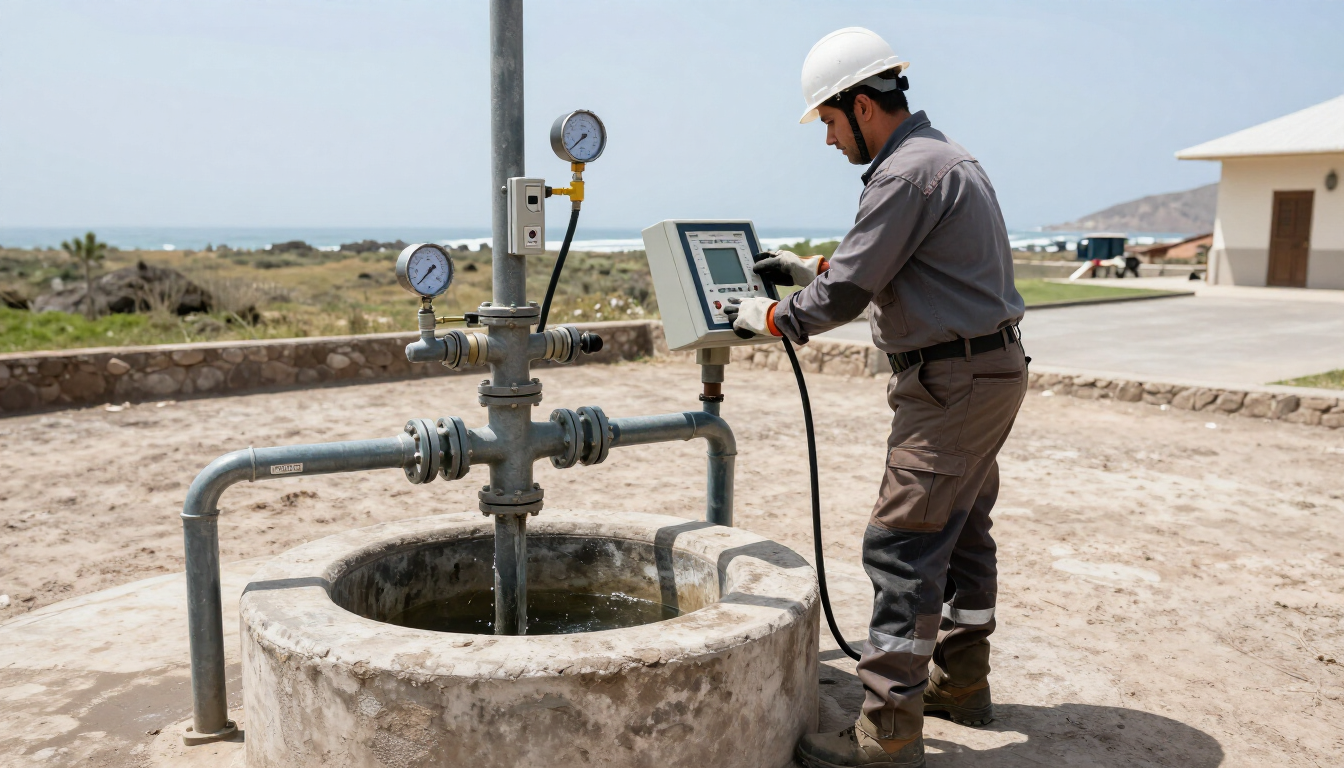 Técnico realizando una prueba de bombeo en un pozo tubular