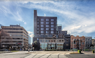 Modern hospital building with blue 