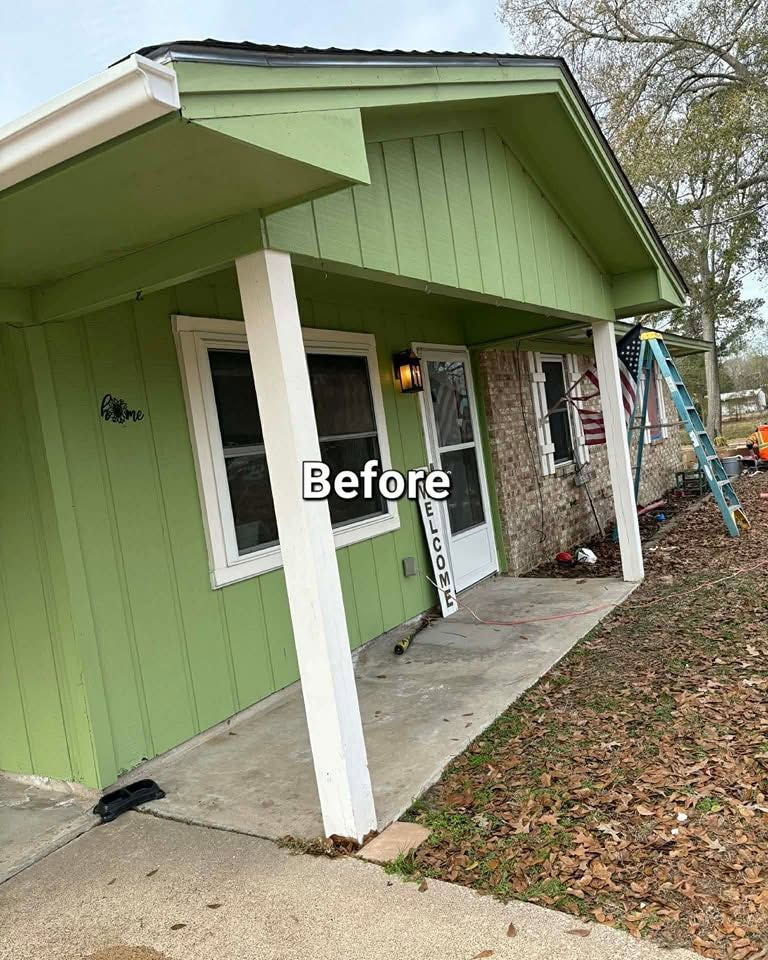 Green house porch with white columns and front door, marked “Before” with a ladder nearby