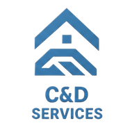 Blue house logo with &ldquo;C&D Services&rdquo; text
