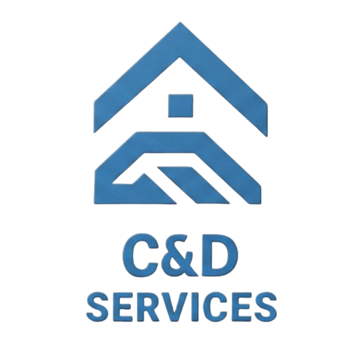 Blue house logo with “C&D Services” text
