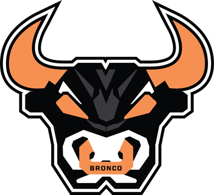 Stylized black, white, and orange bull mascot logo with “BRONCO” on the snout. Bronco Billy