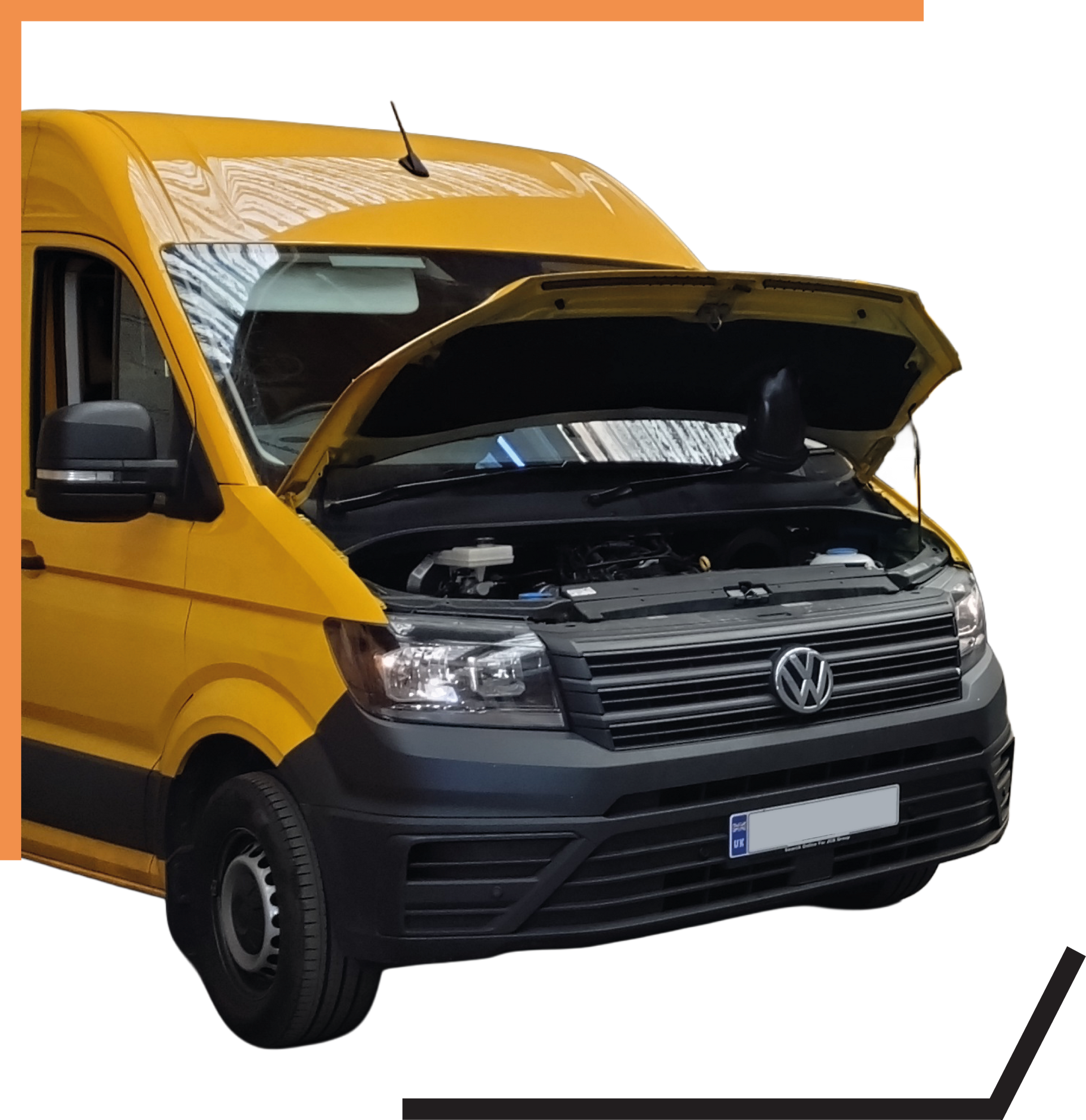 Yellow Volkswagen van with hood open, showing the engine compartment on a white background