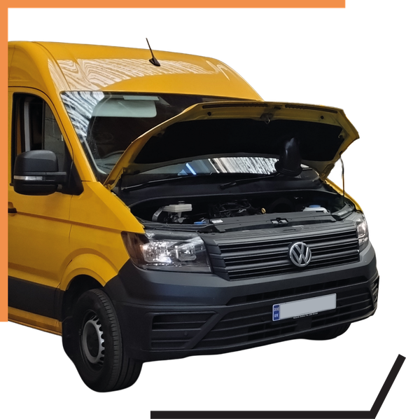 Yellow cargo van with hood open, showing the engine against a white background