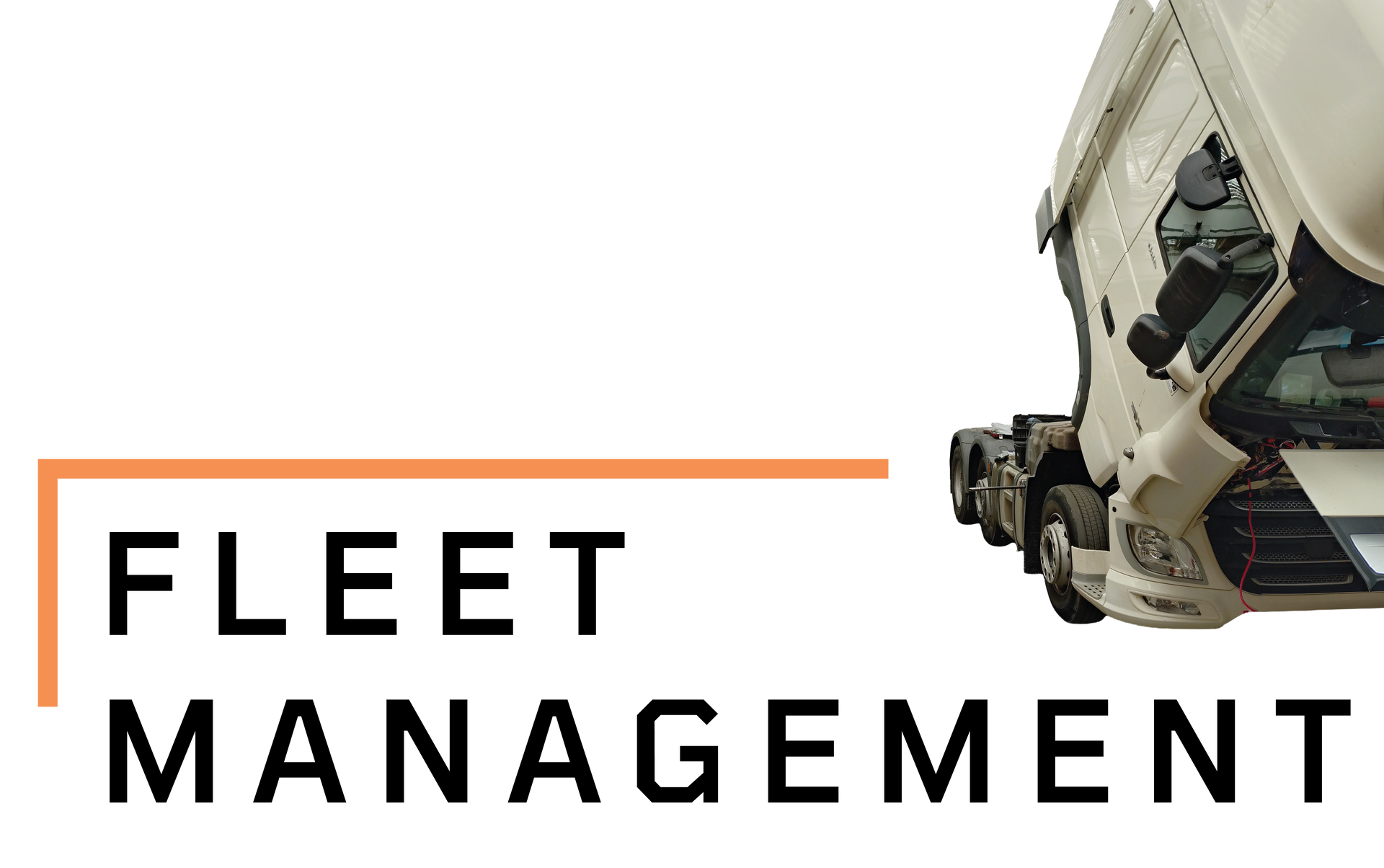 Fleet management text with orange corner line beside a partial vehicle underside