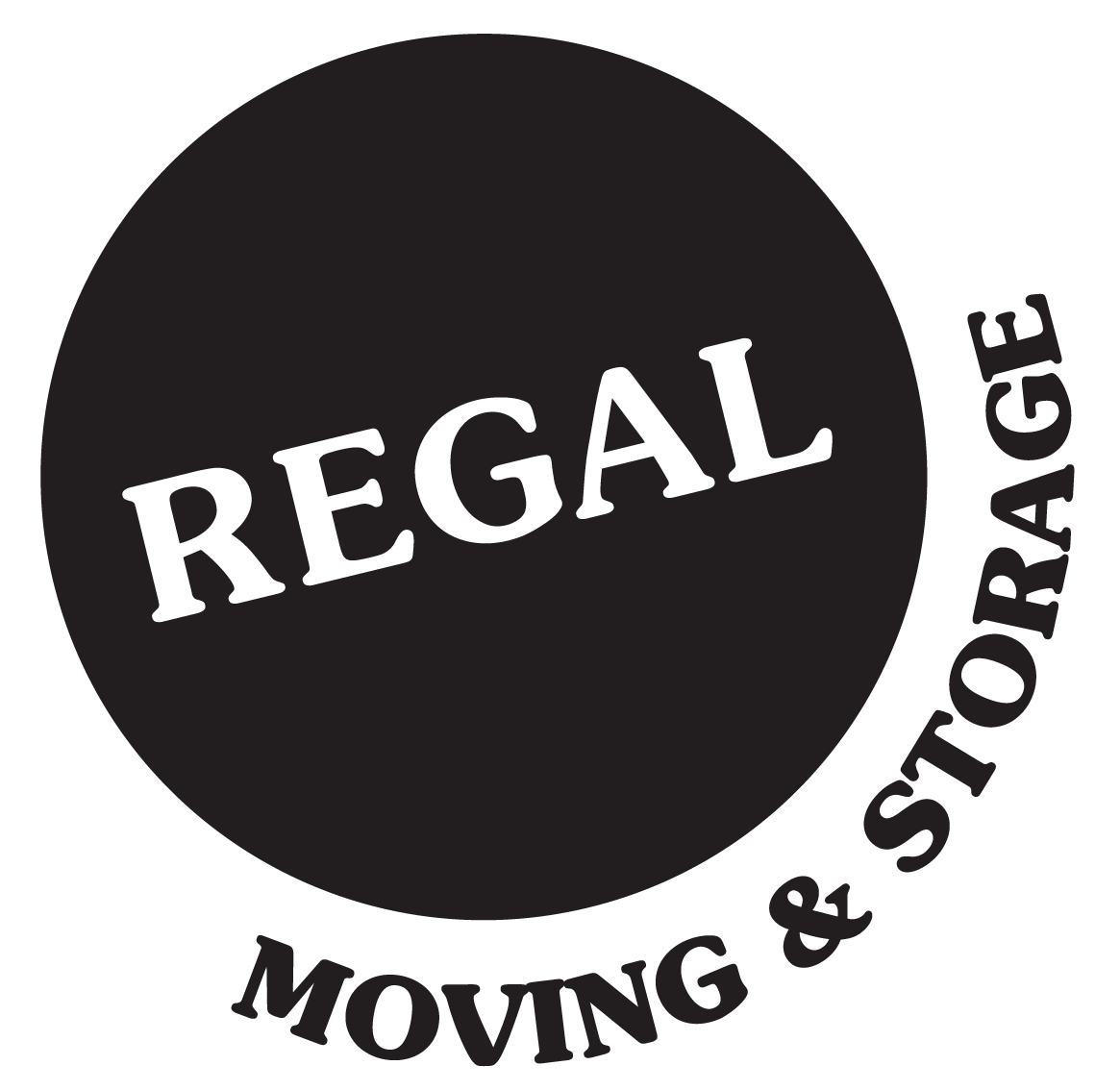 REGAL Moving & Storage logo with white text on a black circle