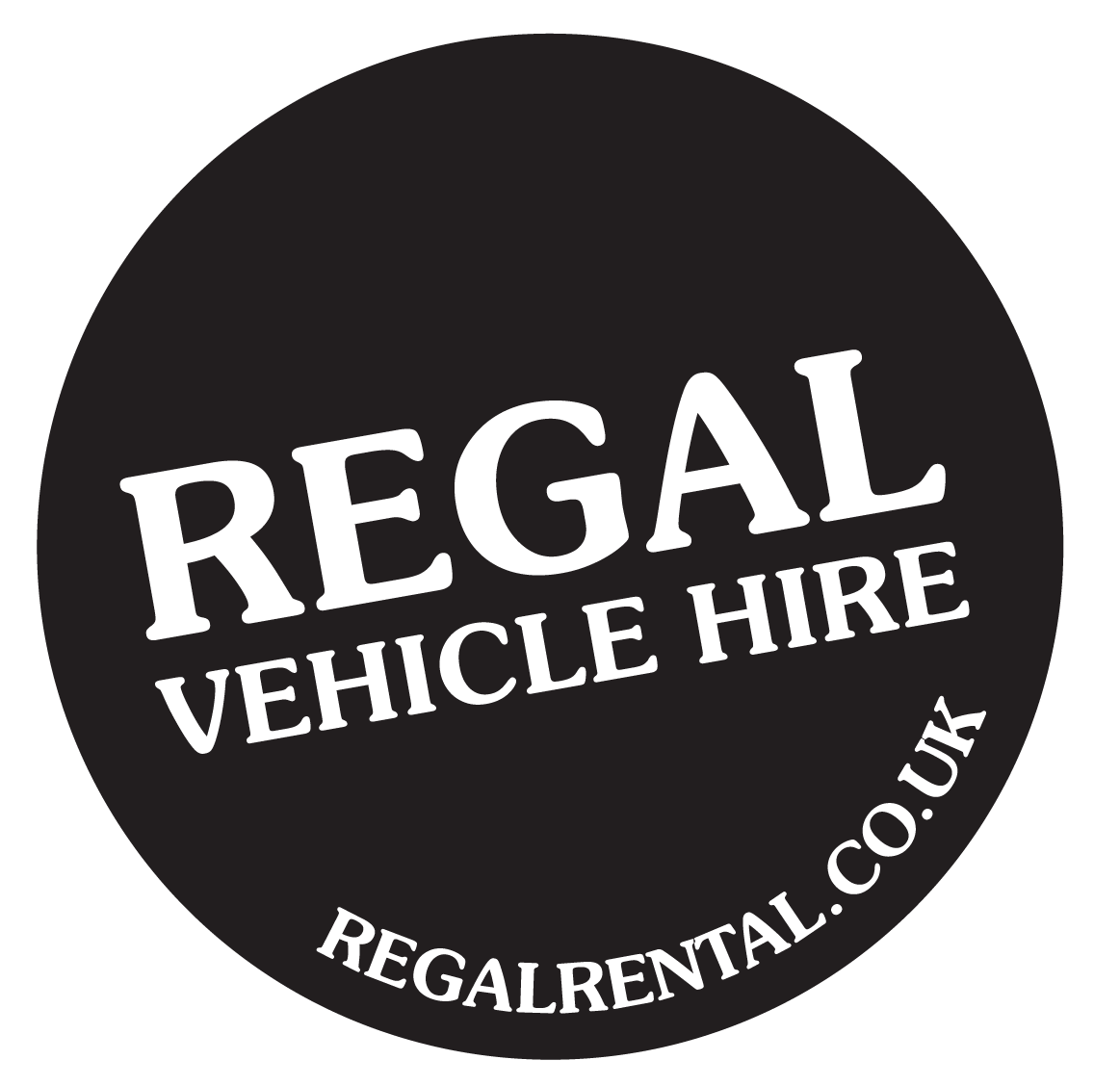 Black circular logo reading “REGAL VEHICLE HIRE” and “REGALRENTAL.CO.UK” in white text