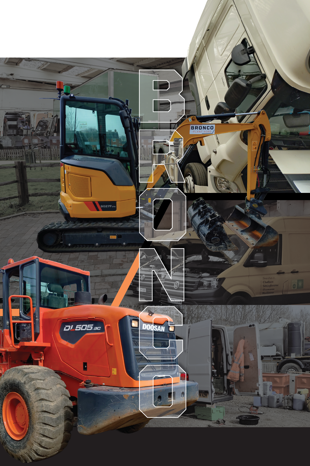 Collage of three construction vehicles: yellow excavator, orange excavator, and red dump truck in a workshop