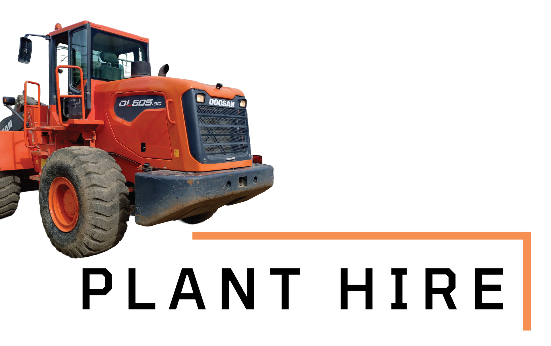 Orange tractor with “PLANT HIRE” text on a white background
