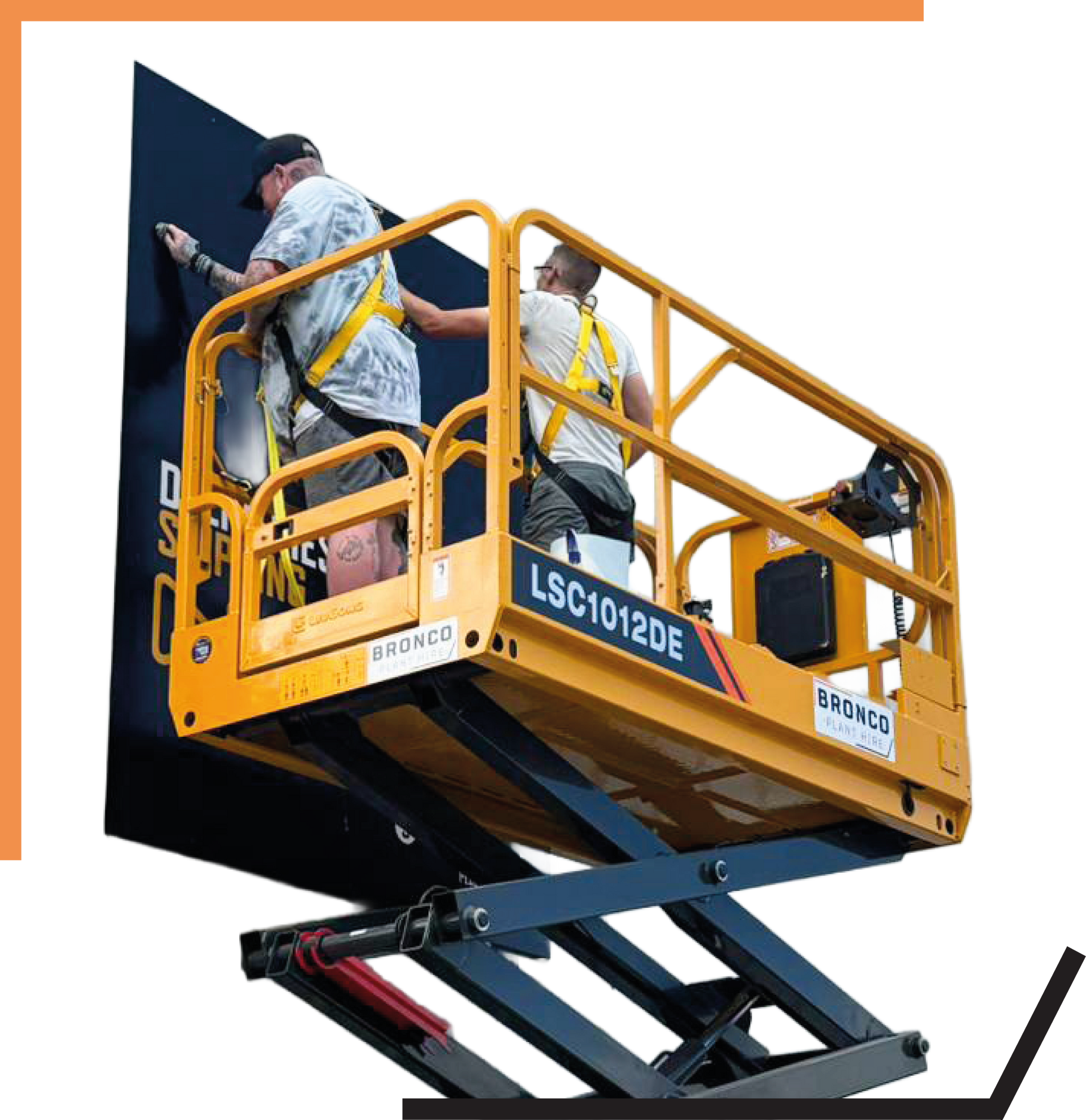 Workers on a yellow scissor lift installing a large black panel on a wall