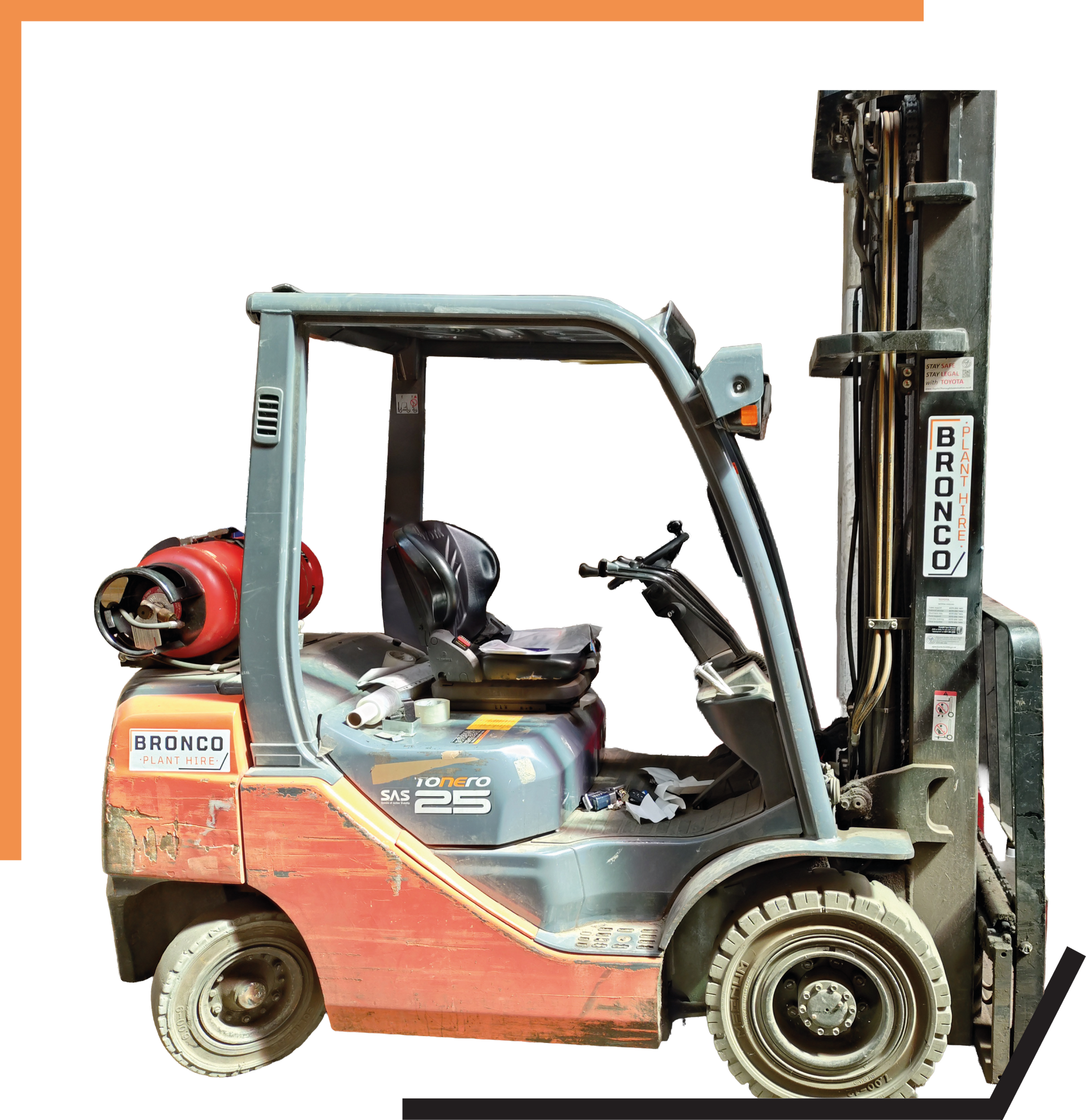 Red forklift truck with a seated operator cab and raised mast, shown in side view on a white background