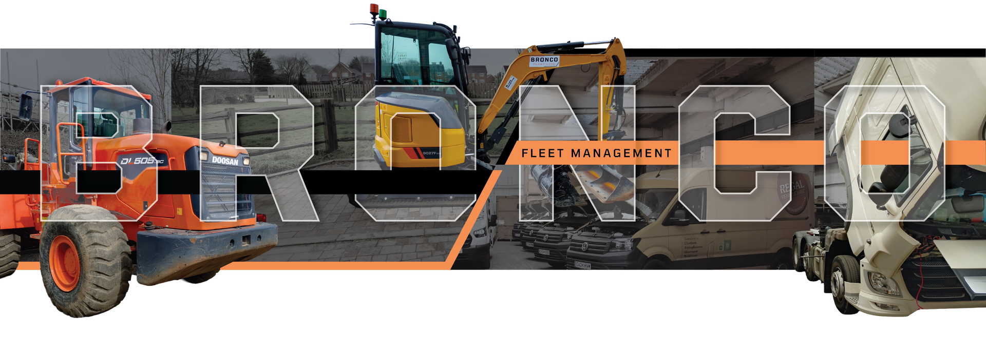 Orange and black construction vehicles forming the word “RUBICON” on a rocky off-road background