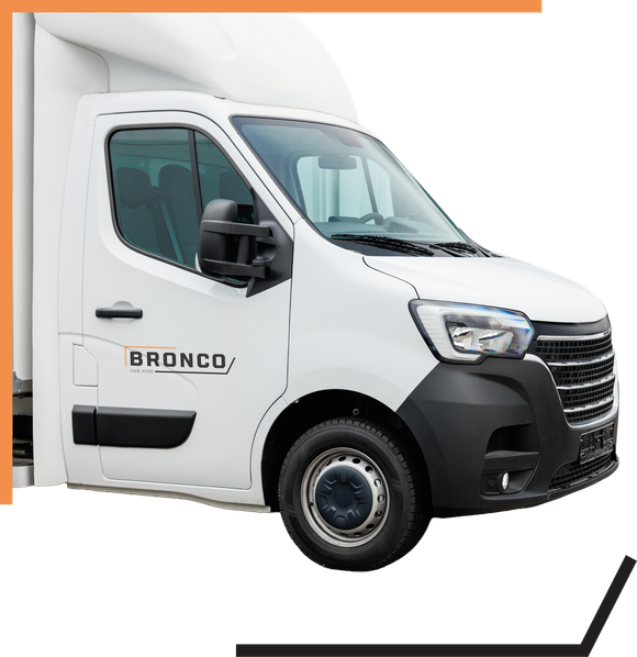 White Bronco delivery truck cab, side view, with black bumper and trim on a white background