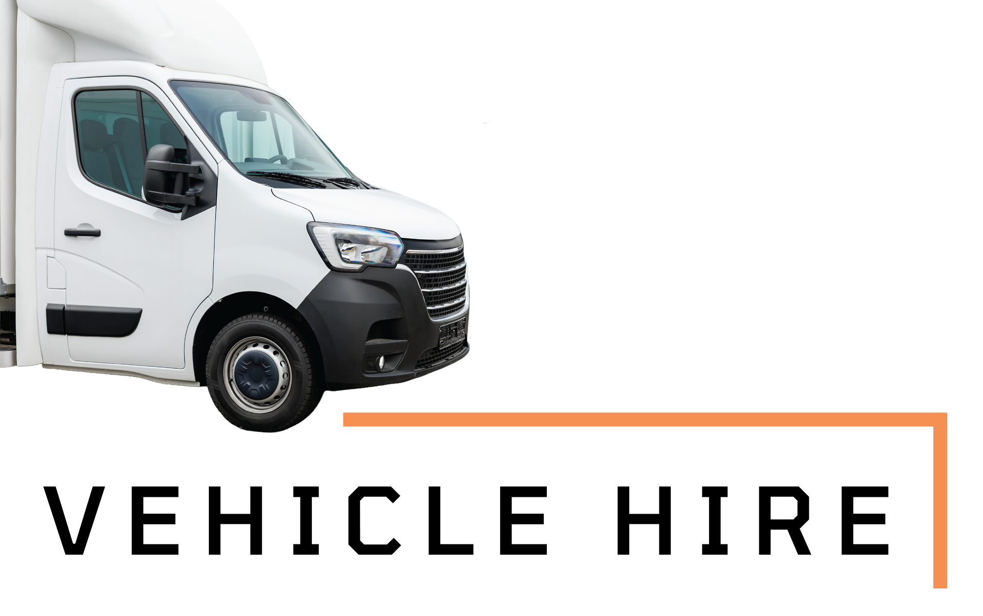 White cargo van with “VEHICLE HIRE” text and orange outline logo on a white background